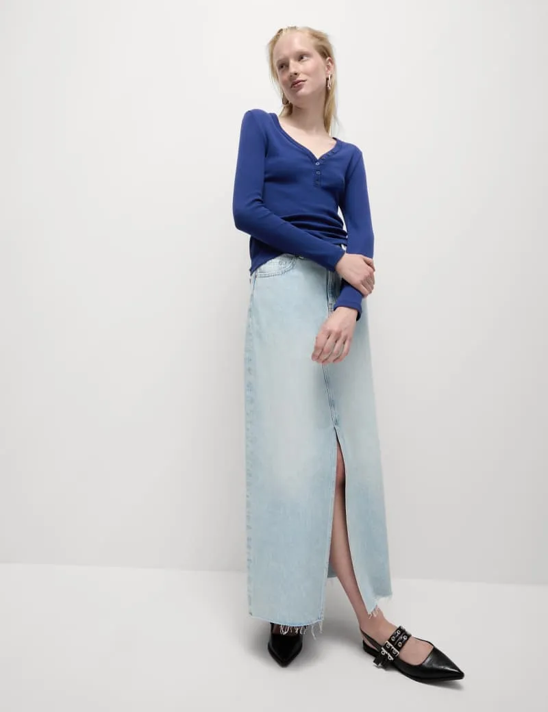 Cotton Rich Ribbed V-Neck Top