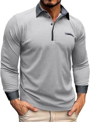 CRNTCEM Mens Long Sleeves Button Up Polo Shirts Chinos Cotton Slim Fit Tennis Shirts Lapel Collar Business Work Golf Teeshirt