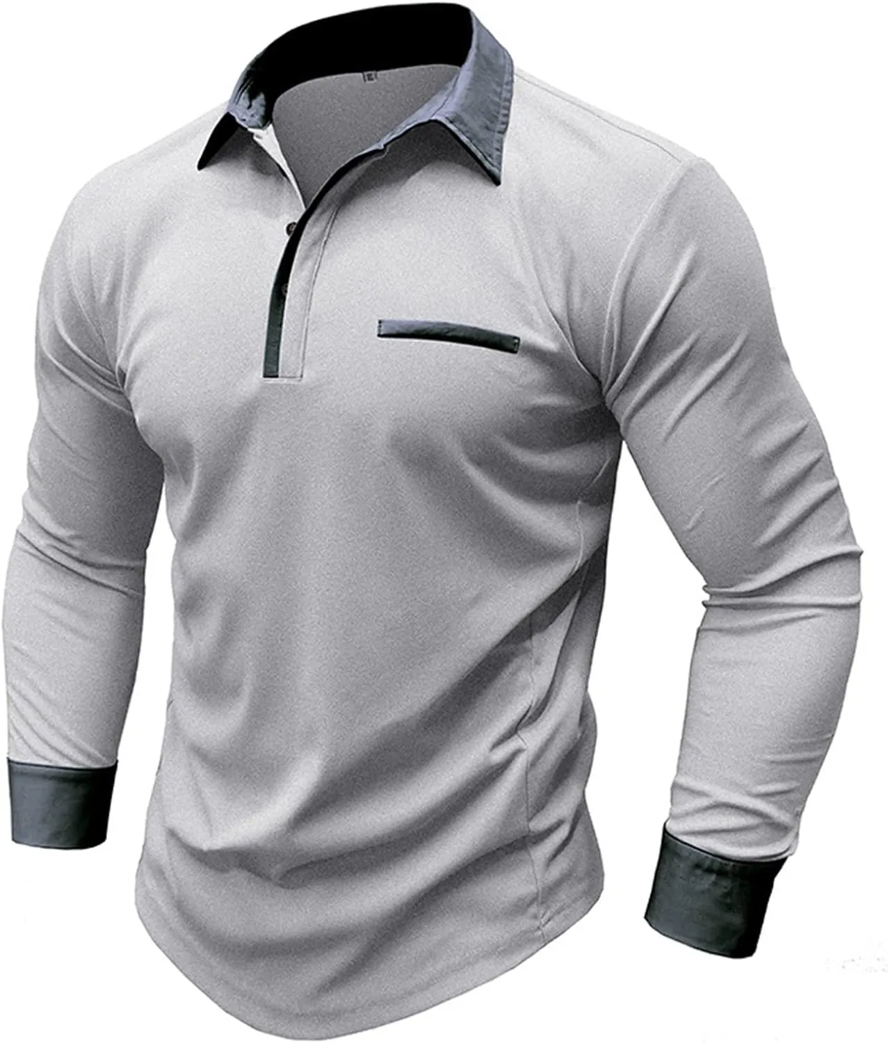 CRNTCEM Mens Long Sleeves Button Up Polo Shirts Chinos Cotton Slim Fit Tennis Shirts Lapel Collar Business Work Golf Teeshirt