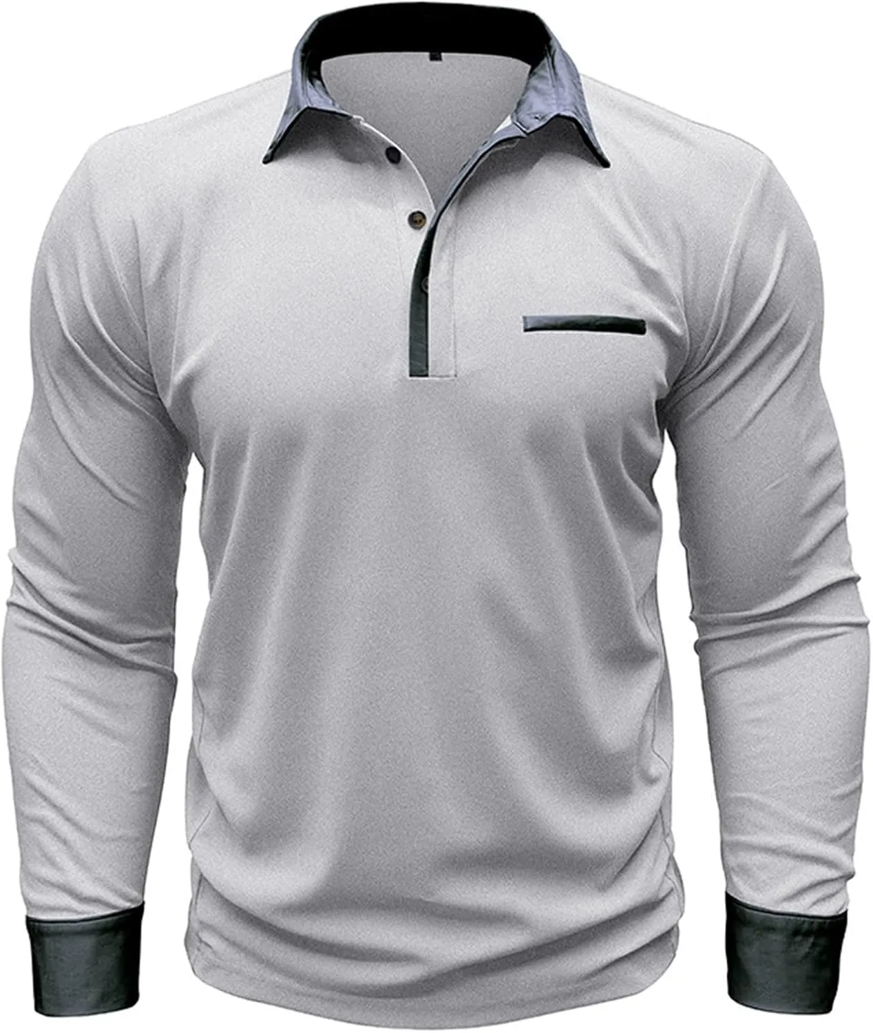 CRNTCEM Mens Long Sleeves Button Up Polo Shirts Chinos Cotton Slim Fit Tennis Shirts Lapel Collar Business Work Golf Teeshirt