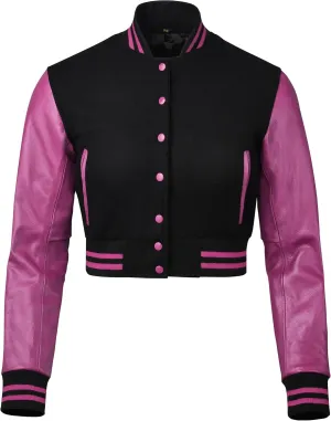 Cropped Varsity Jacket Women - Premium Quality Leather and Wool Baseball Letterman Jacket for Women's, Long Sleeve