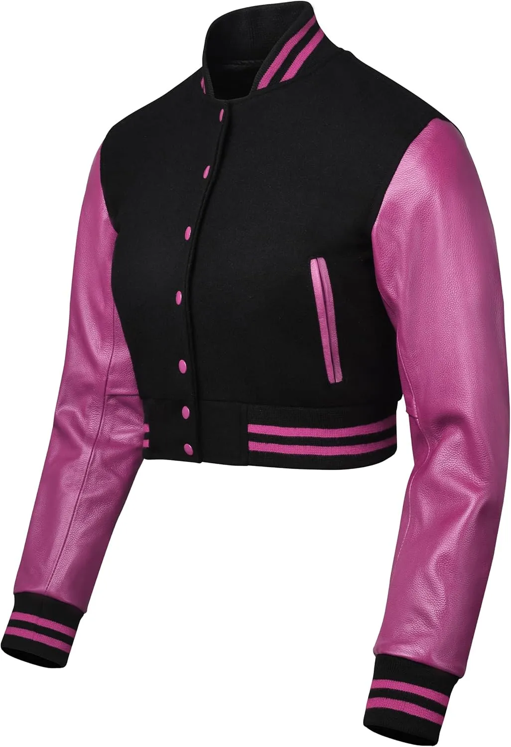 Cropped Varsity Jacket Women - Premium Quality Leather and Wool Baseball Letterman Jacket for Women's, Long Sleeve