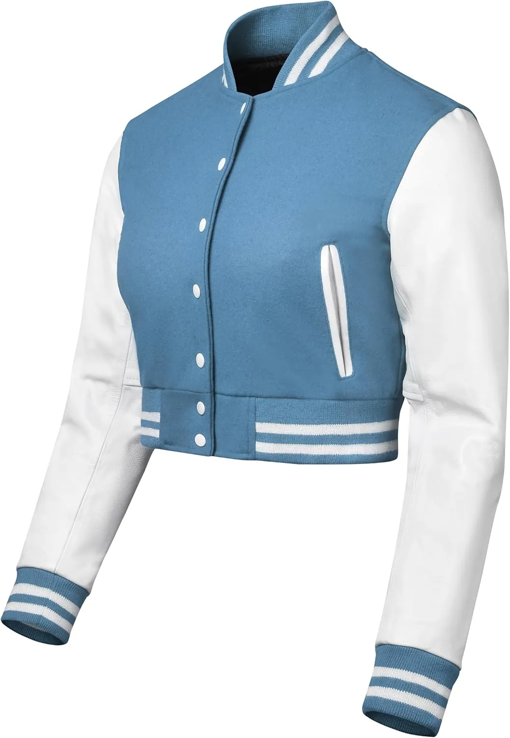 Cropped Varsity Jacket Women - Premium Quality Leather and Wool Baseball Letterman Jacket for Women's, Long Sleeve