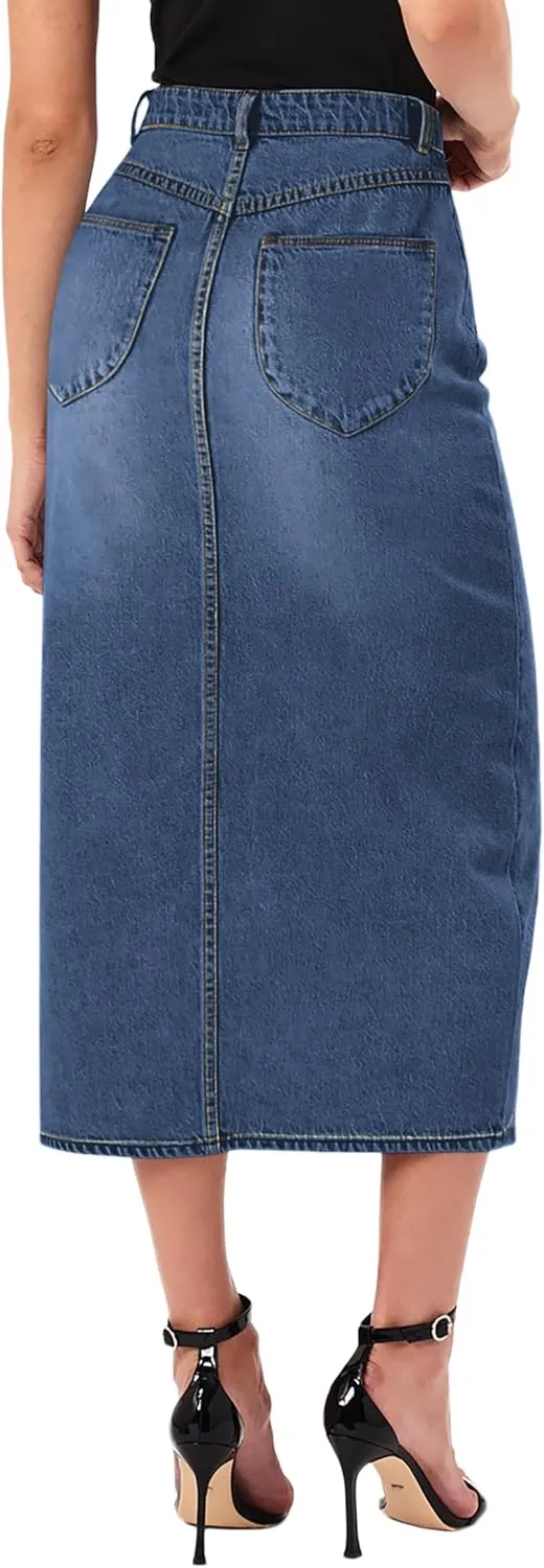 CUGOAO Long Denim Skirts for Women, Denim Skirt A-Line Jean Skirt High Waisted Button Front Denim Maxi Skirt with Pockets