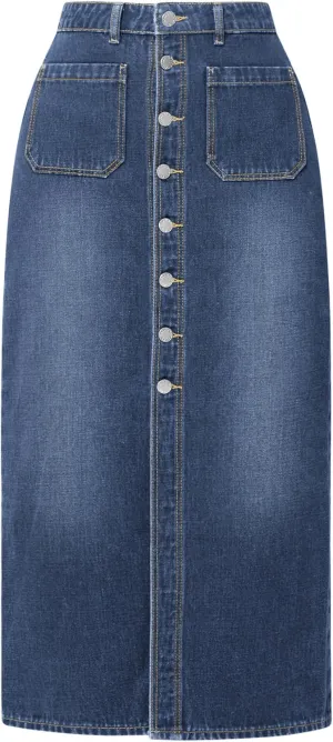 CUGOAO Long Denim Skirts for Women, Denim Skirt A-Line Jean Skirt High Waisted Button Front Denim Maxi Skirt with Pockets