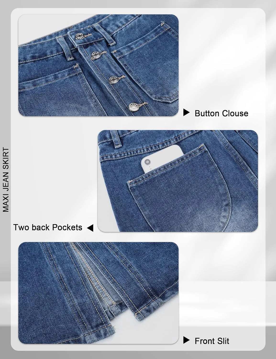CUGOAO Long Denim Skirts for Women, Denim Skirt A-Line Jean Skirt High Waisted Button Front Denim Maxi Skirt with Pockets