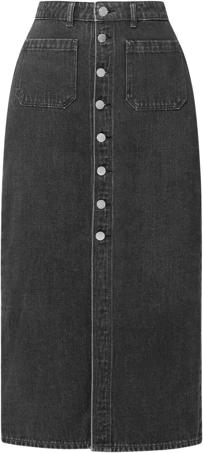 CUGOAO Long Denim Skirts for Women, Denim Skirt A-Line Jean Skirt High Waisted Button Front Denim Maxi Skirt with Pockets