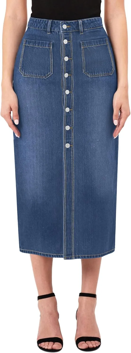 CUGOAO Long Denim Skirts for Women, Denim Skirt A-Line Jean Skirt High Waisted Button Front Denim Maxi Skirt with Pockets