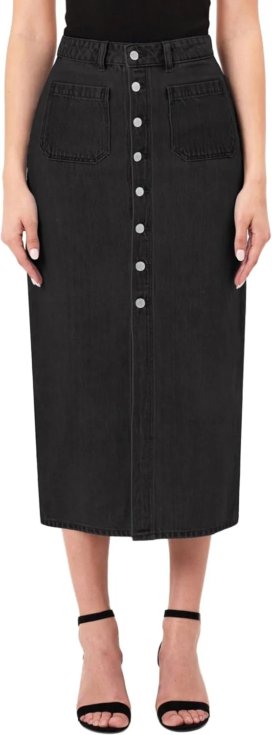 CUGOAO Long Denim Skirts for Women, Denim Skirt A-Line Jean Skirt High Waisted Button Front Denim Maxi Skirt with Pockets