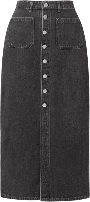 CUGOAO Long Denim Skirts for Women, Denim Skirt A-Line Jean Skirt High Waisted Button Front Denim Maxi Skirt with Pockets