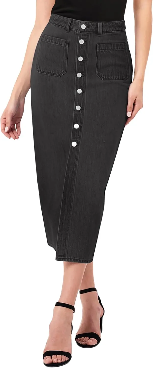 CUGOAO Long Denim Skirts for Women, Denim Skirt A-Line Jean Skirt High Waisted Button Front Denim Maxi Skirt with Pockets