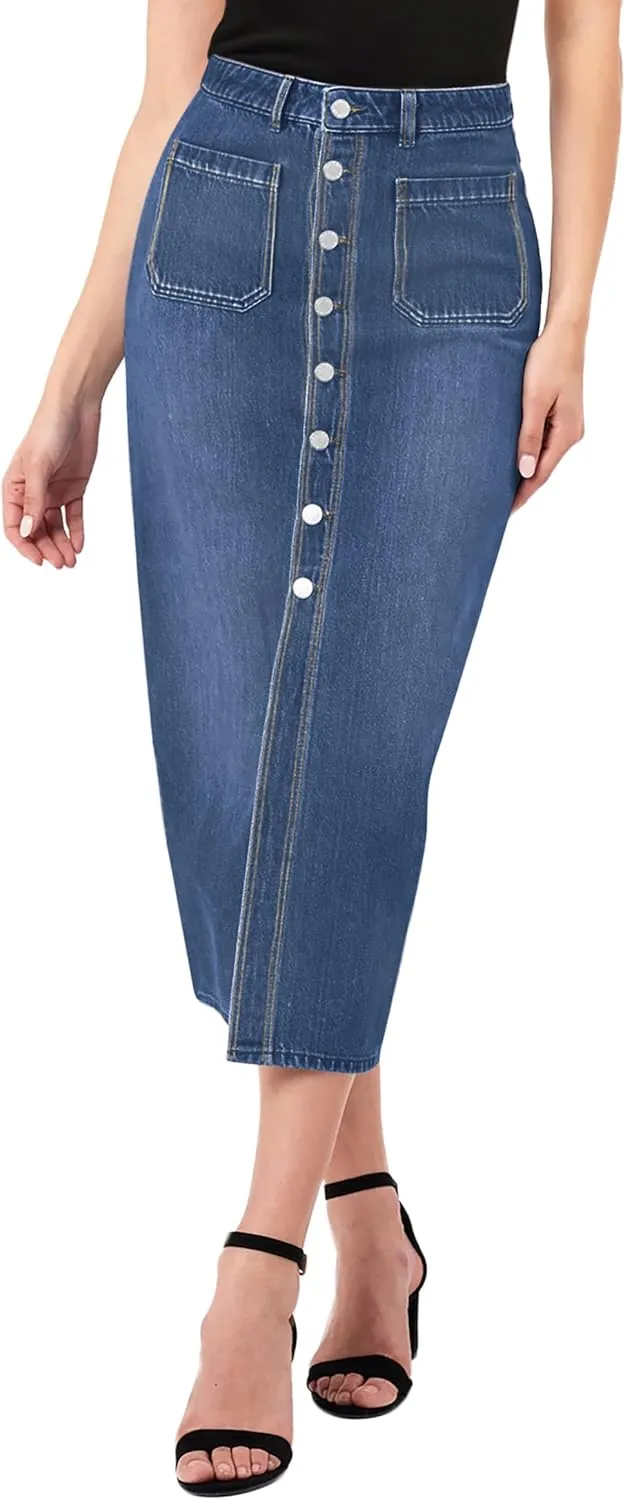 CUGOAO Long Denim Skirts for Women, Denim Skirt A-Line Jean Skirt High Waisted Button Front Denim Maxi Skirt with Pockets