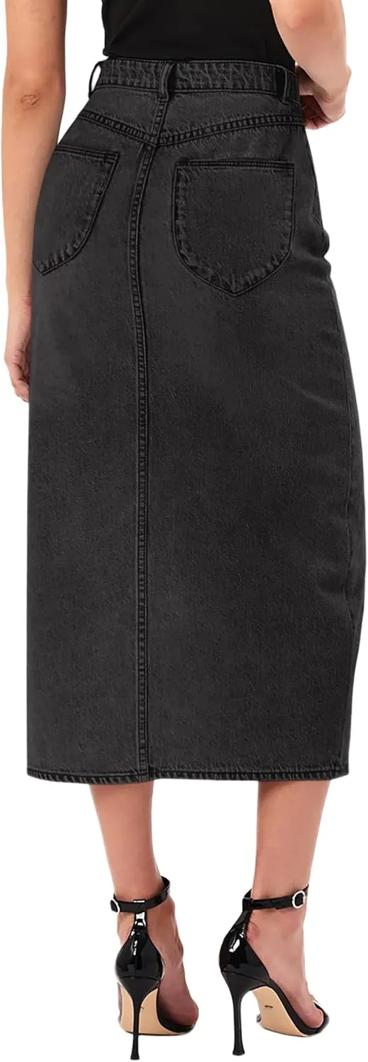 CUGOAO Long Denim Skirts for Women, Denim Skirt A-Line Jean Skirt High Waisted Button Front Denim Maxi Skirt with Pockets