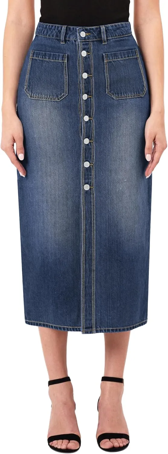 CUGOAO Long Denim Skirts for Women, Denim Skirt A-Line Jean Skirt High Waisted Button Front Denim Maxi Skirt with Pockets