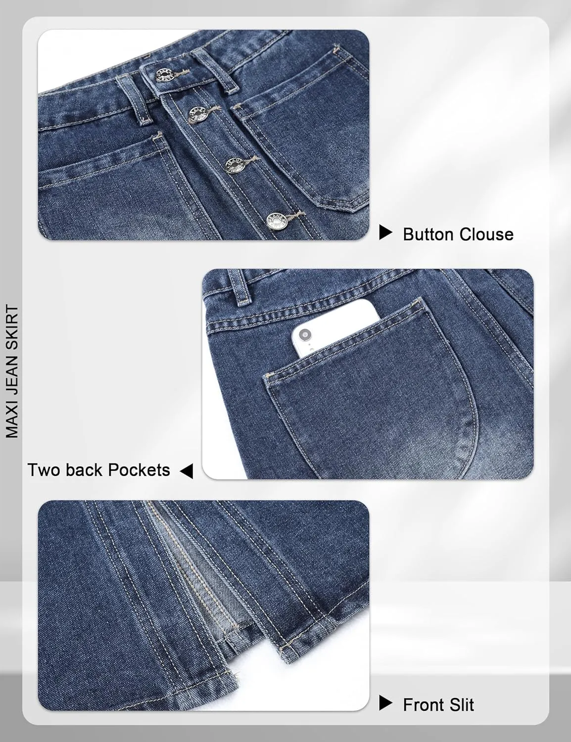 CUGOAO Long Denim Skirts for Women, Denim Skirt A-Line Jean Skirt High Waisted Button Front Denim Maxi Skirt with Pockets