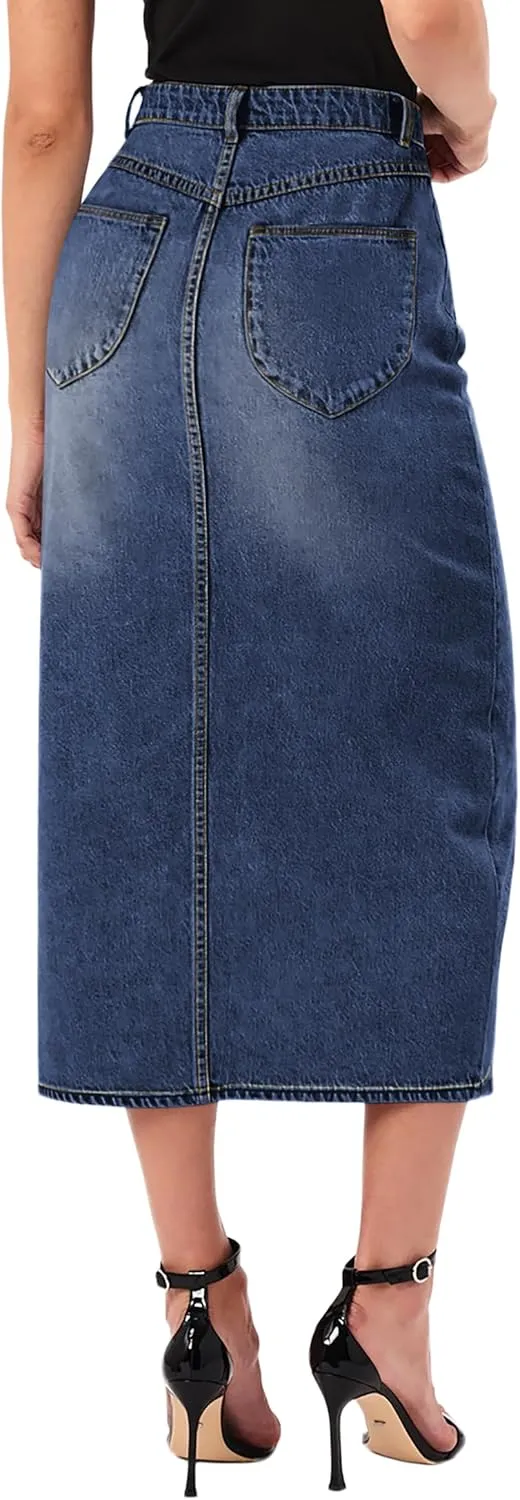 CUGOAO Long Denim Skirts for Women, Denim Skirt A-Line Jean Skirt High Waisted Button Front Denim Maxi Skirt with Pockets