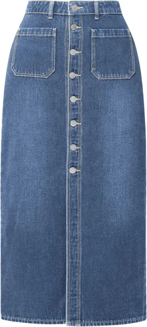 CUGOAO Long Denim Skirts for Women, Denim Skirt A-Line Jean Skirt High Waisted Button Front Denim Maxi Skirt with Pockets