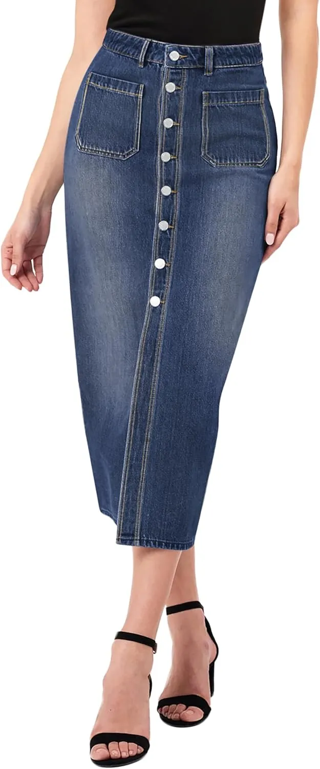 CUGOAO Long Denim Skirts for Women, Denim Skirt A-Line Jean Skirt High Waisted Button Front Denim Maxi Skirt with Pockets
