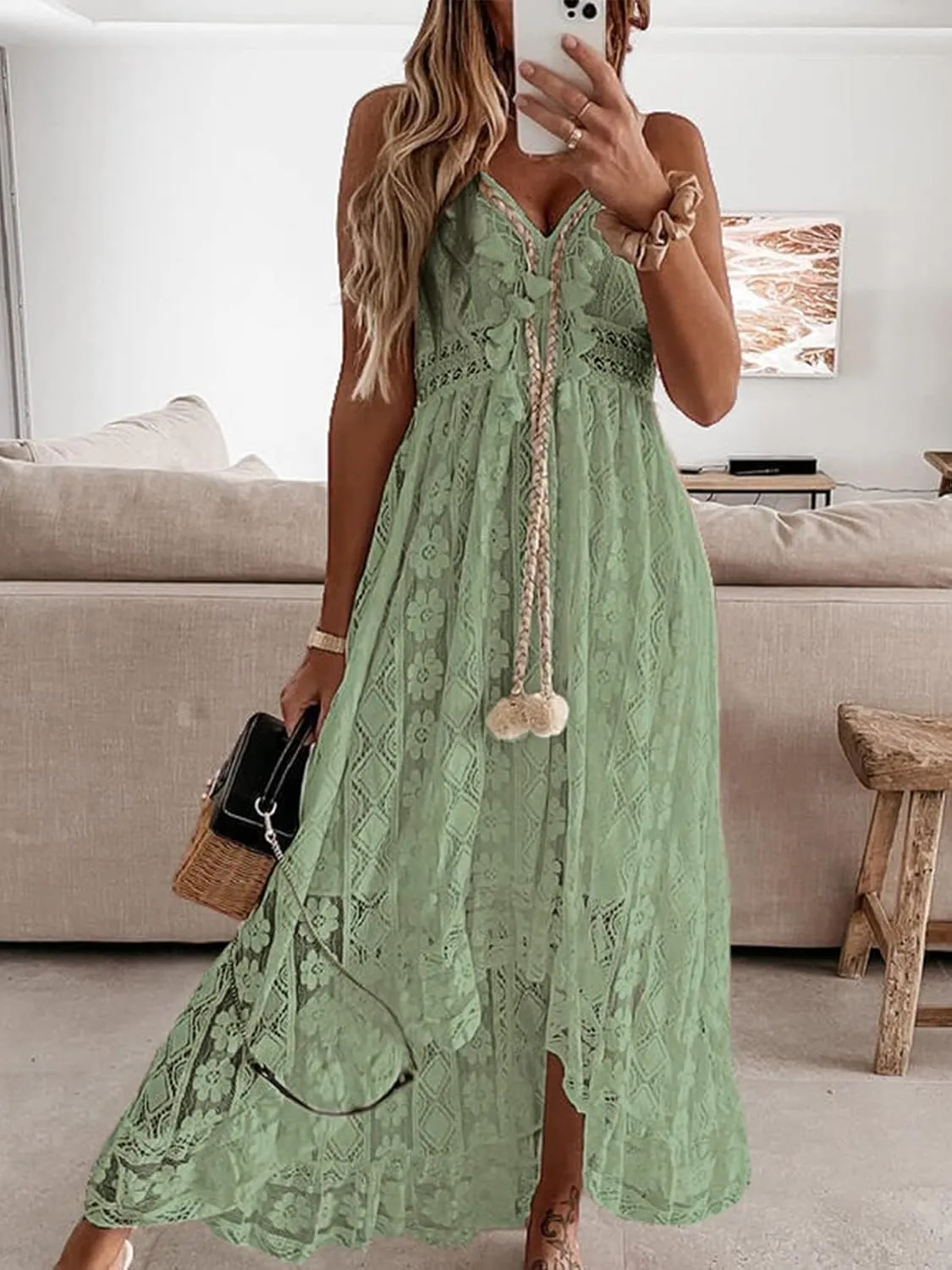 CUPSHE Women's Summer Dresses Sleeveless Lace Casual Tassel Beach Spaghetti Straps Flowy Maxi Sun Dress