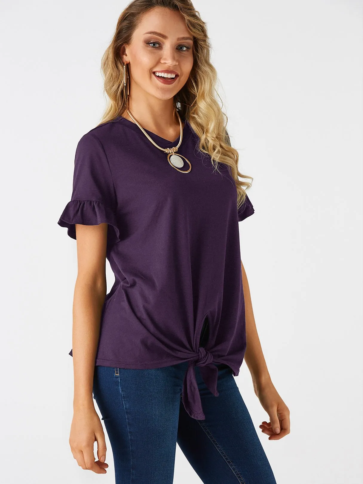 Custom Crew Neck Plain Lace-Up Cut Out Short Sleeve Flounced Hem Purple T-Shirts