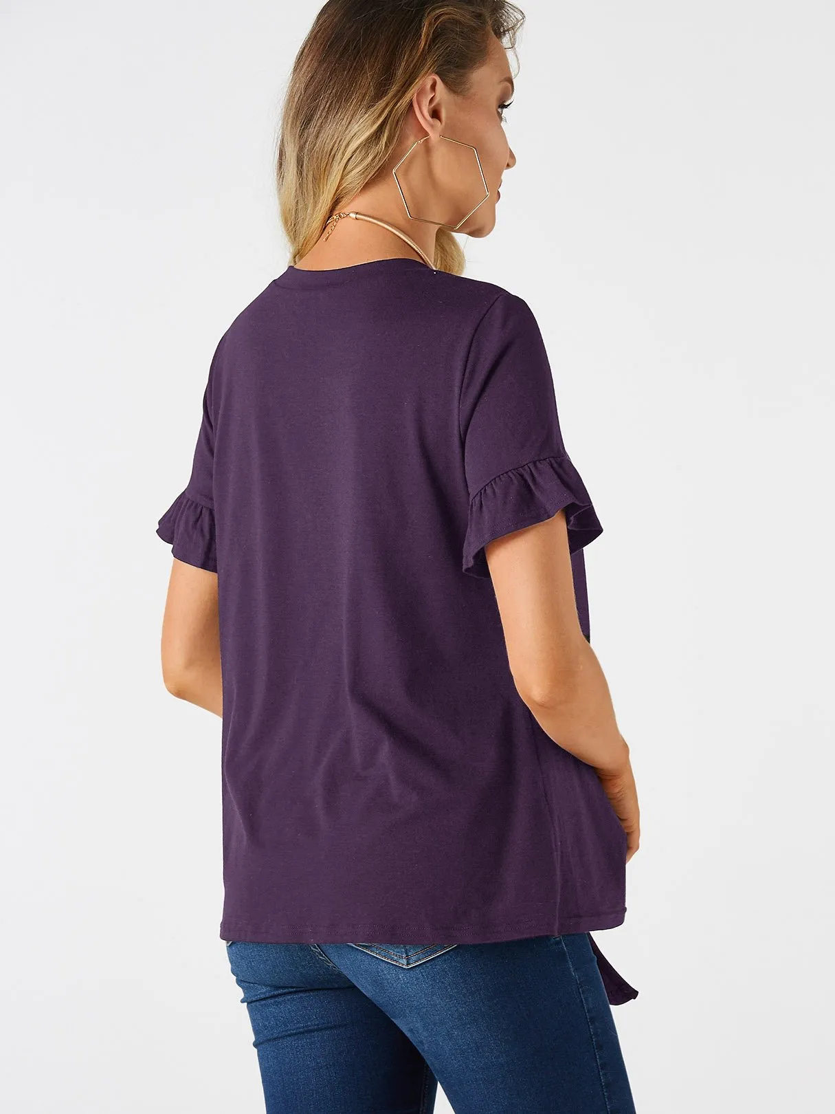 Custom Crew Neck Plain Lace-Up Cut Out Short Sleeve Flounced Hem Purple T-Shirts