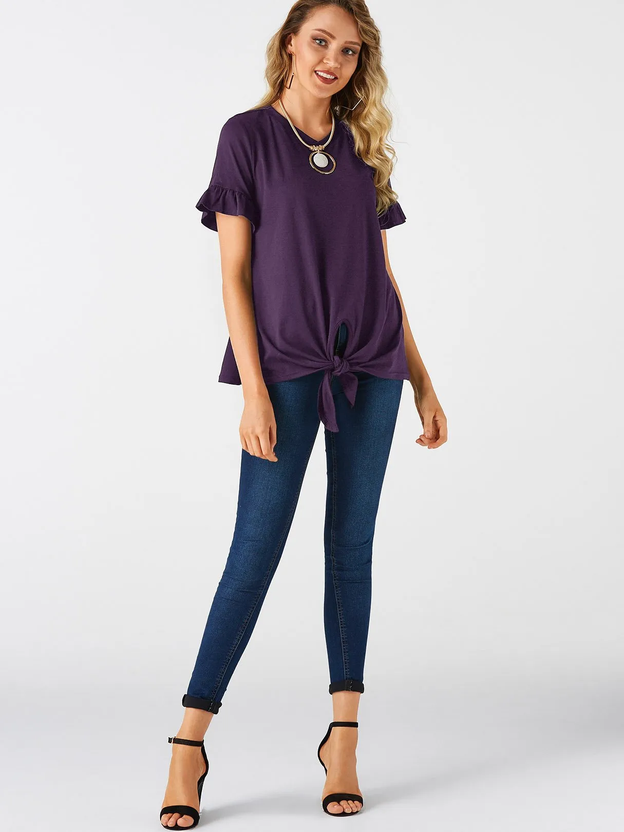 Custom Crew Neck Plain Lace-Up Cut Out Short Sleeve Flounced Hem Purple T-Shirts