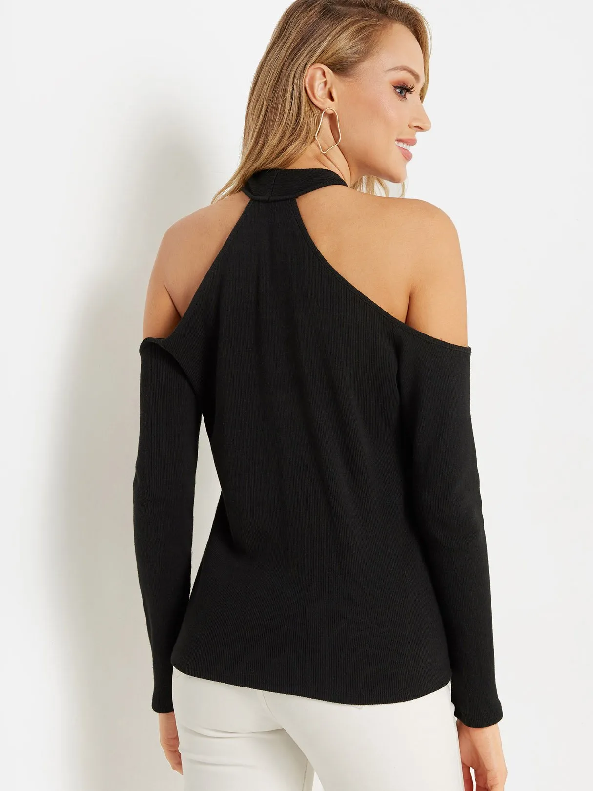 Custom Crossed Collar Cold Shoulder Plain Cut Out Long Sleeve Black T-Shirts
