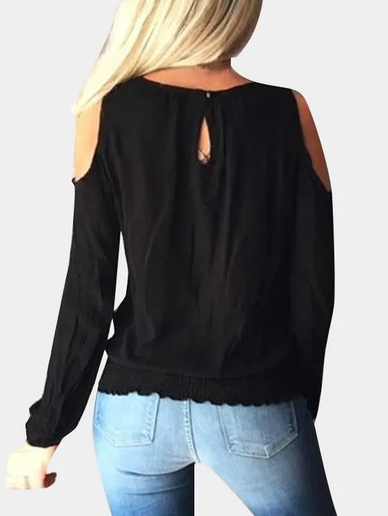 Custom Round Neck Cold Shoulder Plain Cut Out Long Sleeve Black T-Shirts