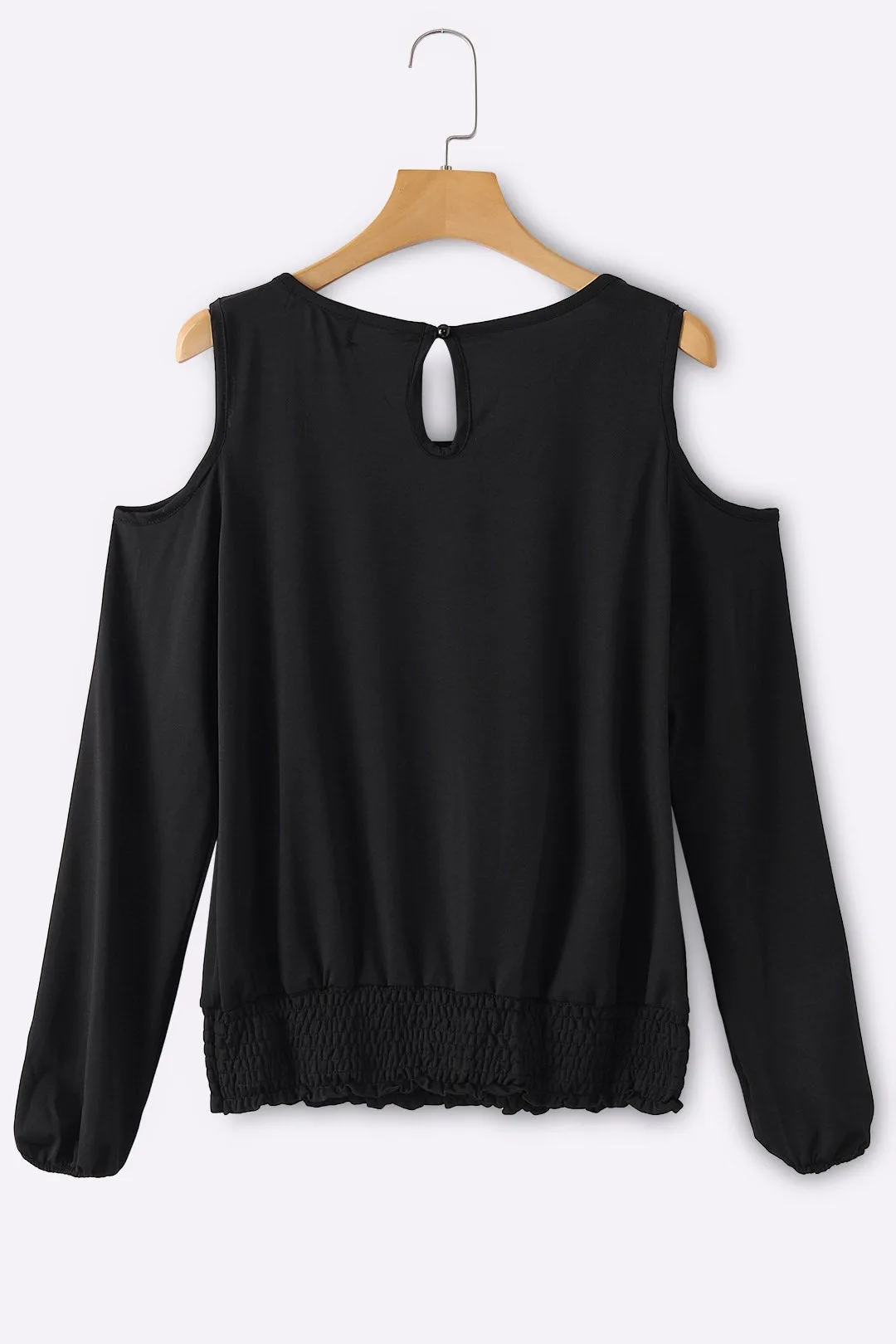Custom Round Neck Cold Shoulder Plain Cut Out Long Sleeve Black T-Shirts