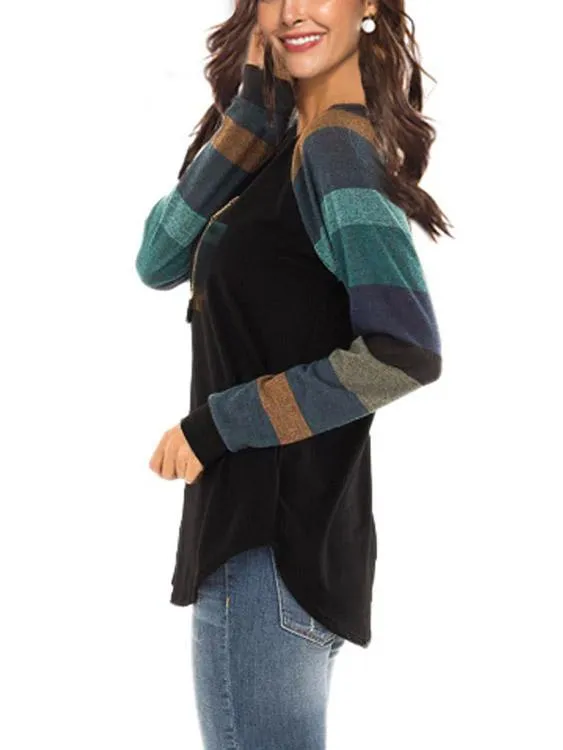 Custom Round Neck Stripe Side Pockets Long Sleeve Curved Hem Black T-Shirts