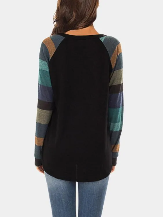 Custom Round Neck Stripe Side Pockets Long Sleeve Curved Hem Black T-Shirts