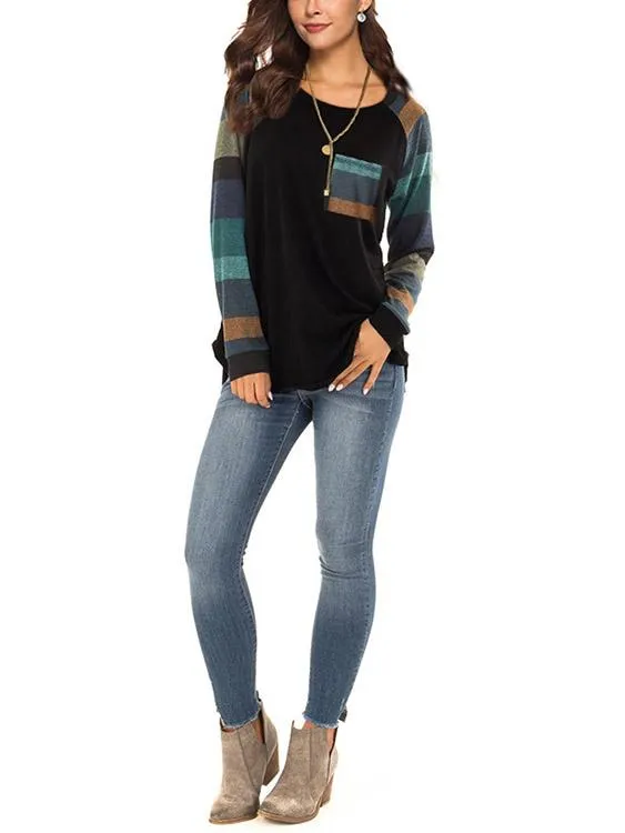 Custom Round Neck Stripe Side Pockets Long Sleeve Curved Hem Black T-Shirts