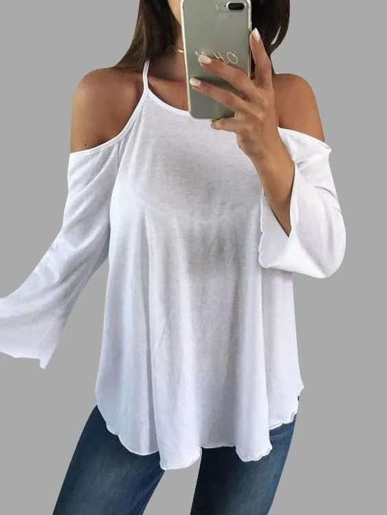 Custom Scoop Neck Cold Shoulder Plain Backless Hollow Cut Out Long Sleeve Curved Hem T-Shirts