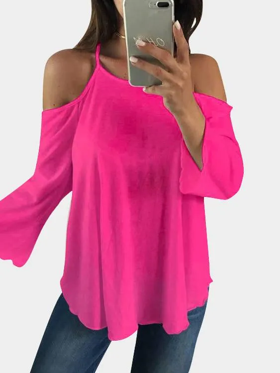 Custom Scoop Neck Cold Shoulder Plain Backless Hollow Cut Out Long Sleeve Curved Hem T-Shirts