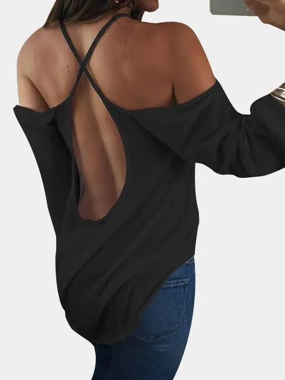 Custom Scoop Neck Cold Shoulder Plain Backless Hollow Cut Out Long Sleeve Curved Hem T-Shirts
