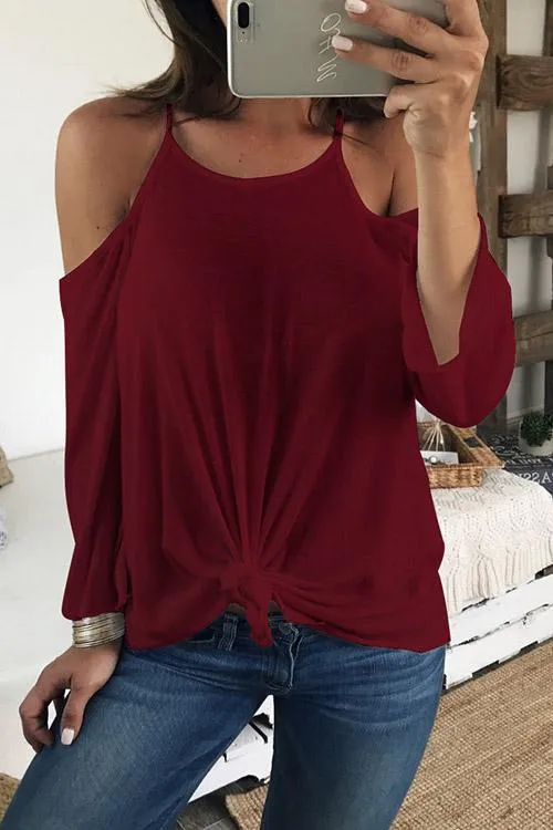 Custom Scoop Neck Cold Shoulder Plain Backless Hollow Cut Out Long Sleeve Curved Hem T-Shirts