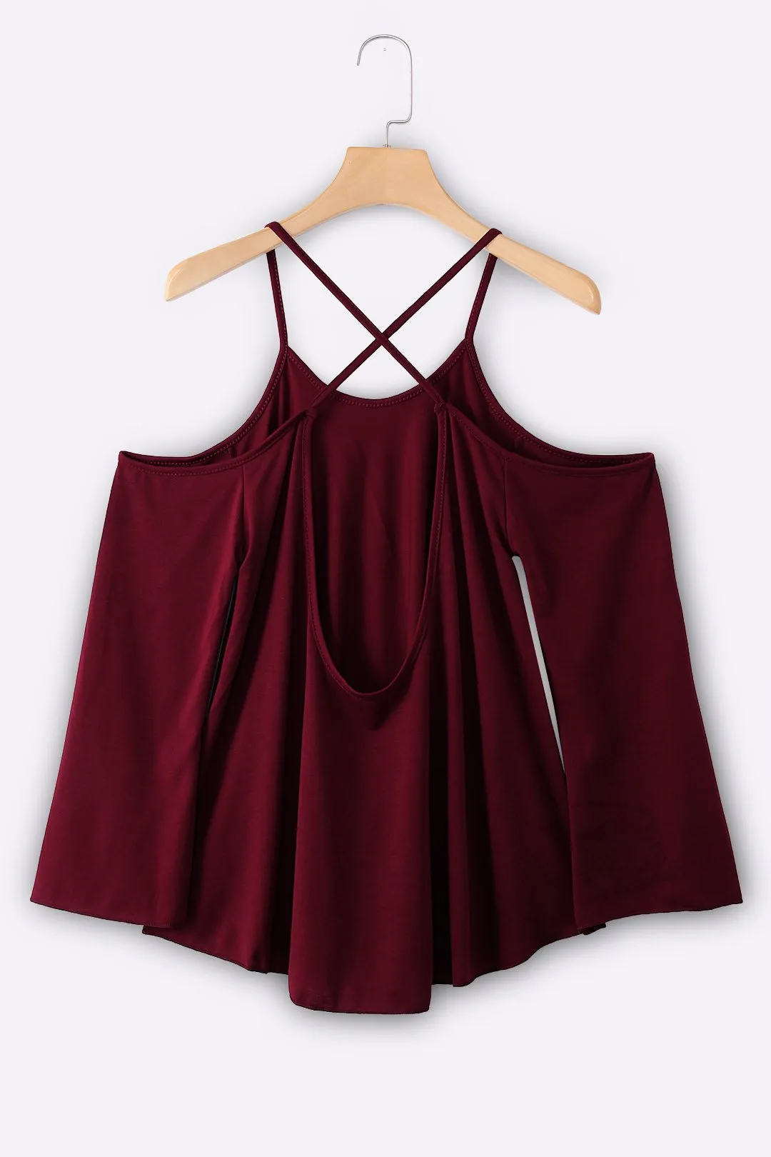 Custom Scoop Neck Cold Shoulder Plain Backless Hollow Cut Out Long Sleeve Curved Hem T-Shirts