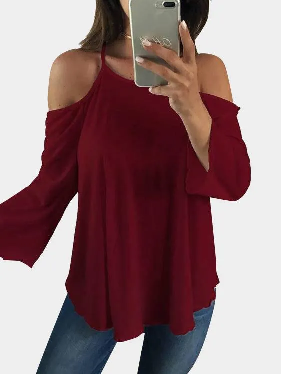 Custom Scoop Neck Cold Shoulder Plain Backless Hollow Cut Out Long Sleeve Curved Hem T-Shirts