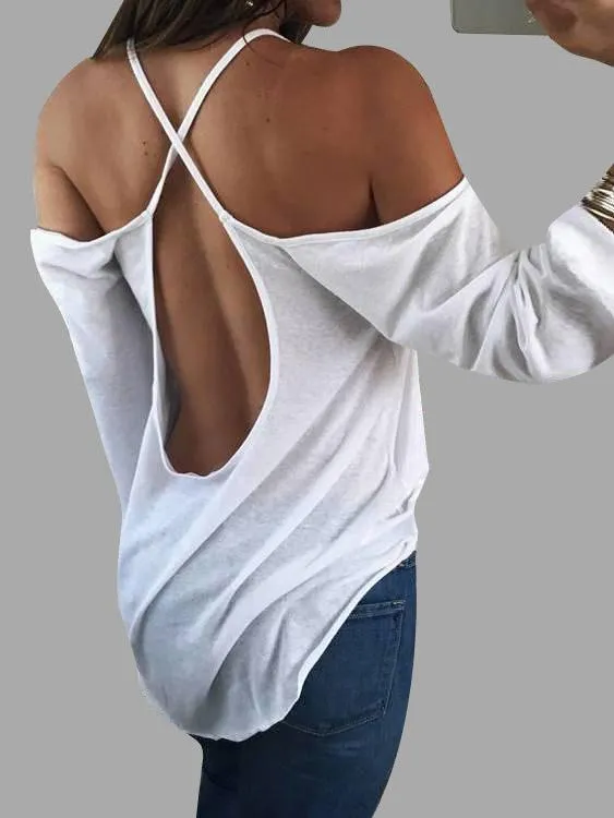 Custom Scoop Neck Cold Shoulder Plain Backless Hollow Cut Out Long Sleeve Curved Hem T-Shirts