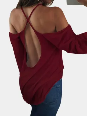 Custom Scoop Neck Cold Shoulder Plain Backless Hollow Cut Out Long Sleeve Curved Hem T-Shirts