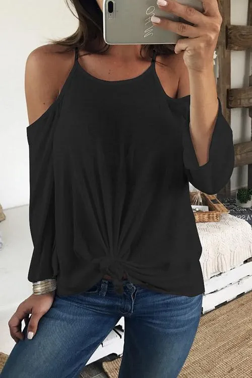 Custom Scoop Neck Cold Shoulder Plain Backless Hollow Cut Out Long Sleeve Curved Hem T-Shirts