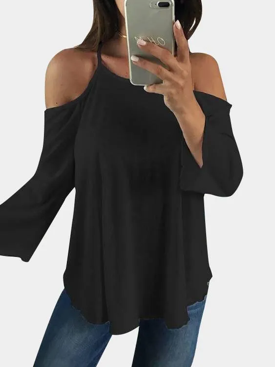 Custom Scoop Neck Cold Shoulder Plain Backless Hollow Cut Out Long Sleeve Curved Hem T-Shirts