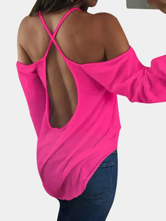 Custom Scoop Neck Cold Shoulder Plain Backless Hollow Cut Out Long Sleeve Curved Hem T-Shirts