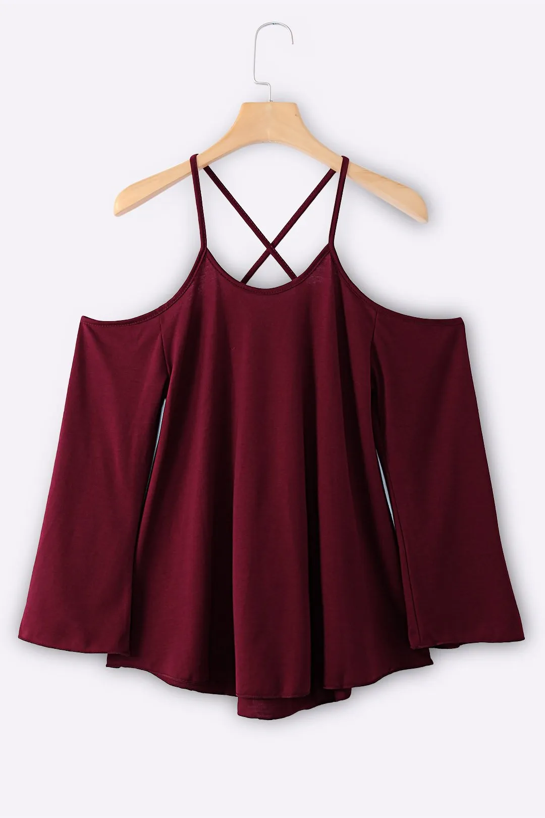 Custom Scoop Neck Cold Shoulder Plain Backless Hollow Cut Out Long Sleeve Curved Hem T-Shirts