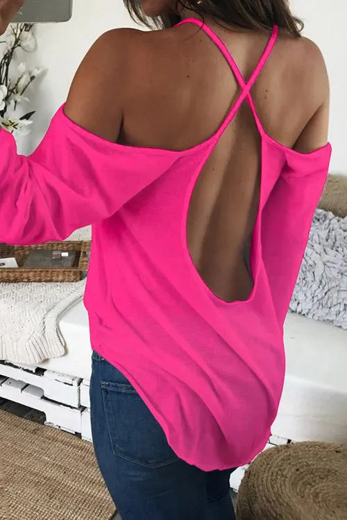 Custom Scoop Neck Cold Shoulder Plain Backless Hollow Cut Out Long Sleeve Curved Hem T-Shirts
