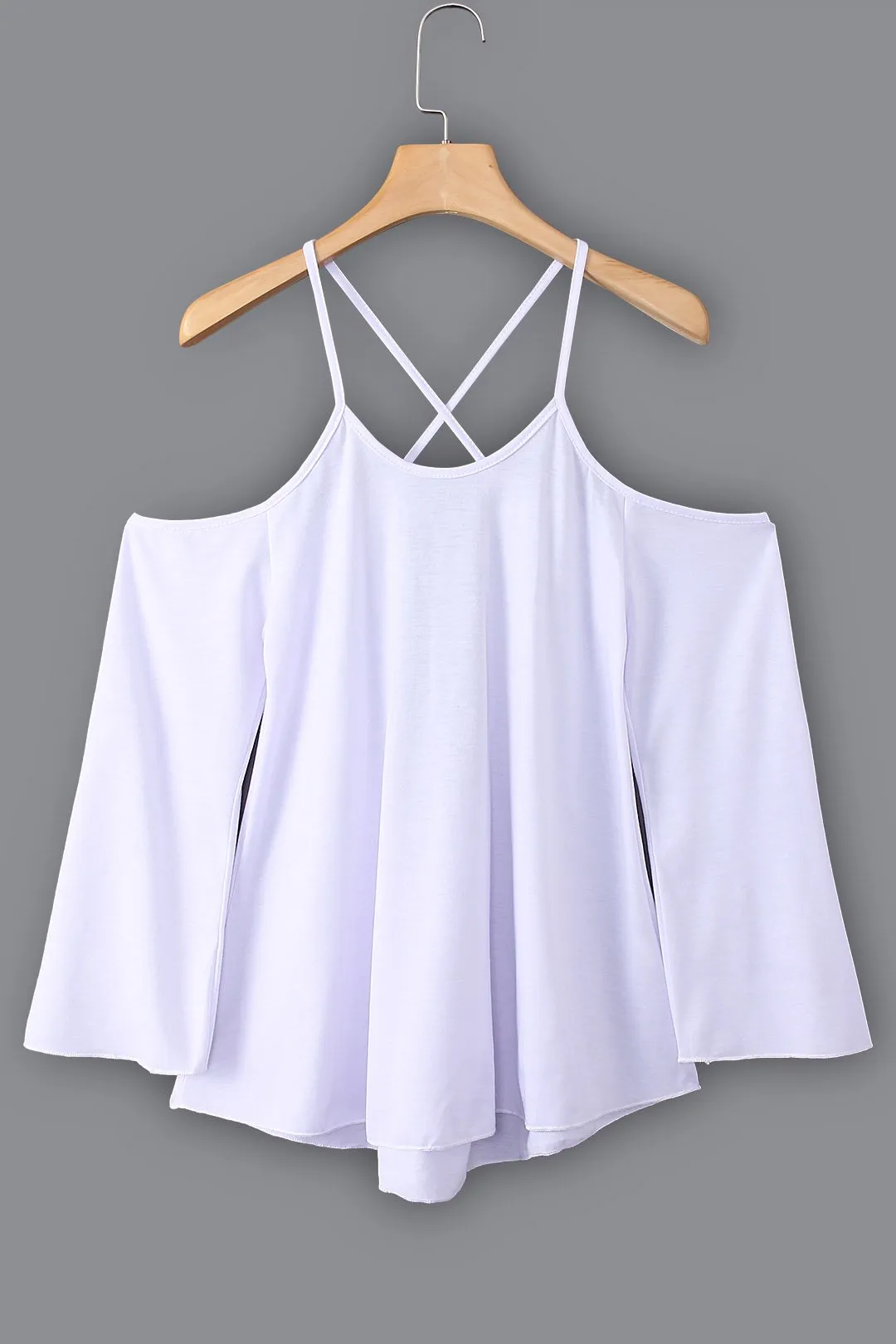Custom Scoop Neck Cold Shoulder Plain Backless Hollow Cut Out Long Sleeve Curved Hem T-Shirts