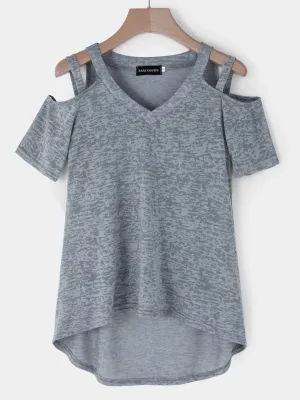 Custom V-Neck Cold Shoulder Cut Out Short Sleeve Grey T-Shirts