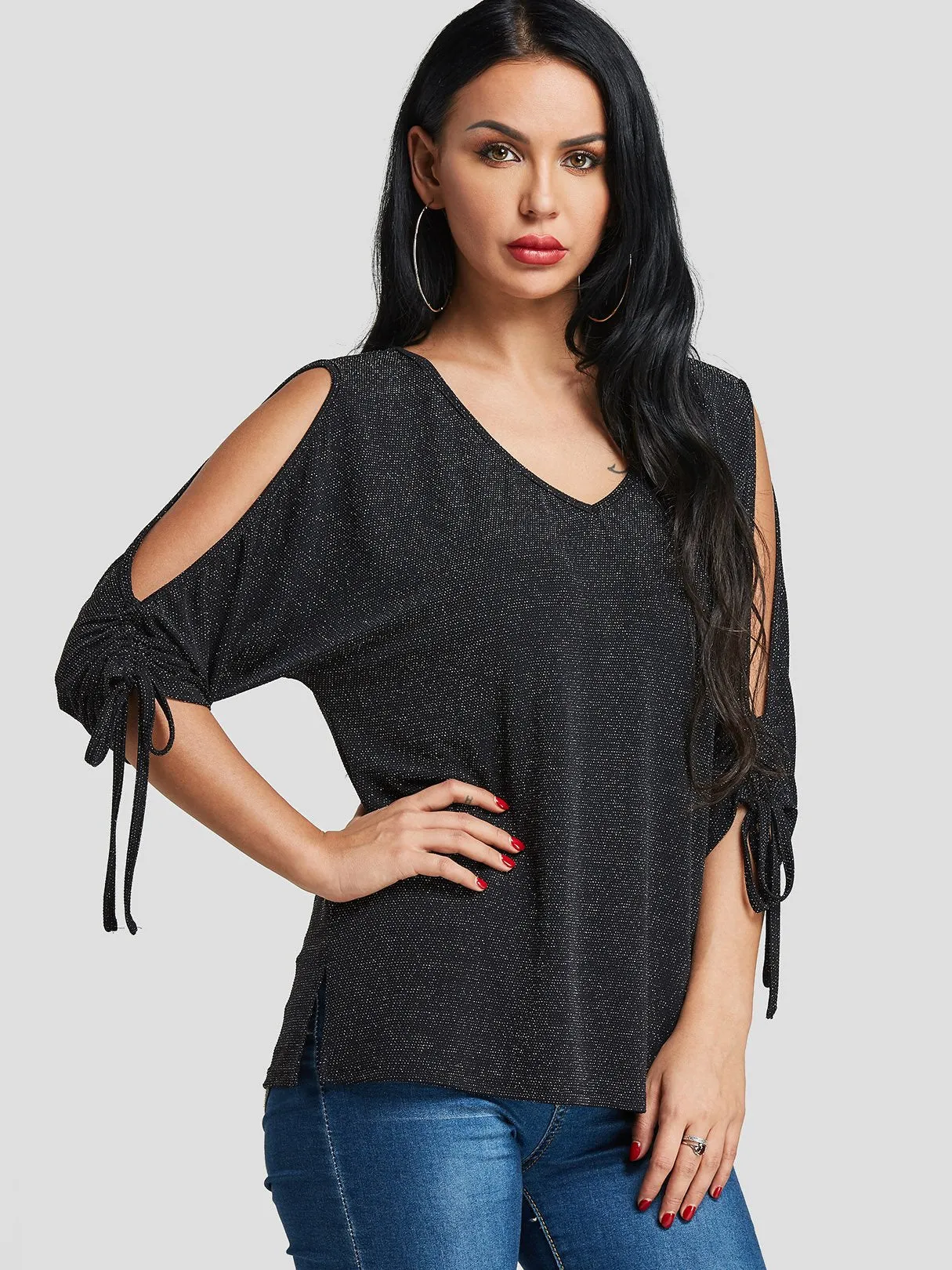 Custom V-Neck Cut Out 3/4 Sleeve Black T-Shirts