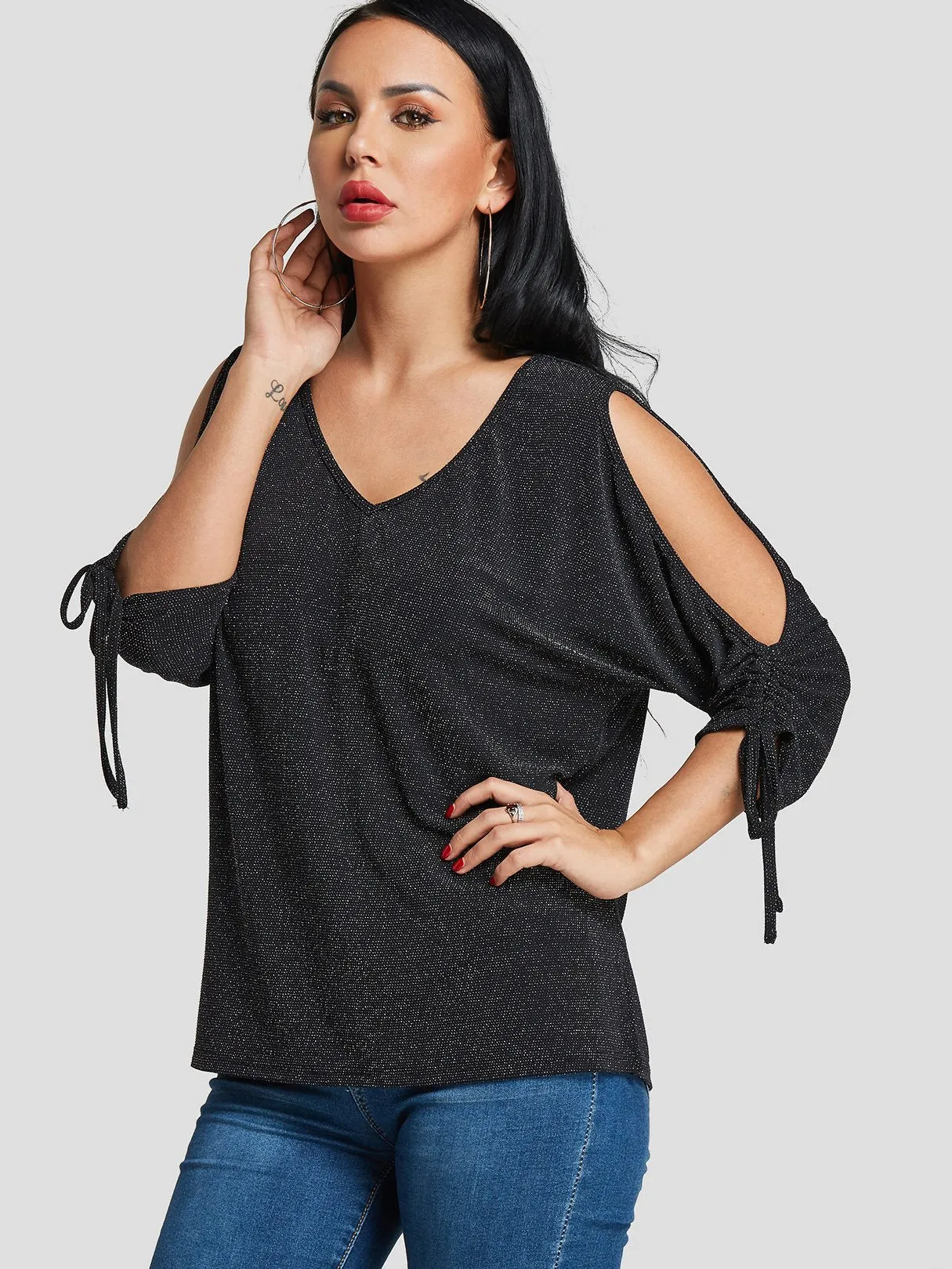 Custom V-Neck Cut Out 3/4 Sleeve Black T-Shirts
