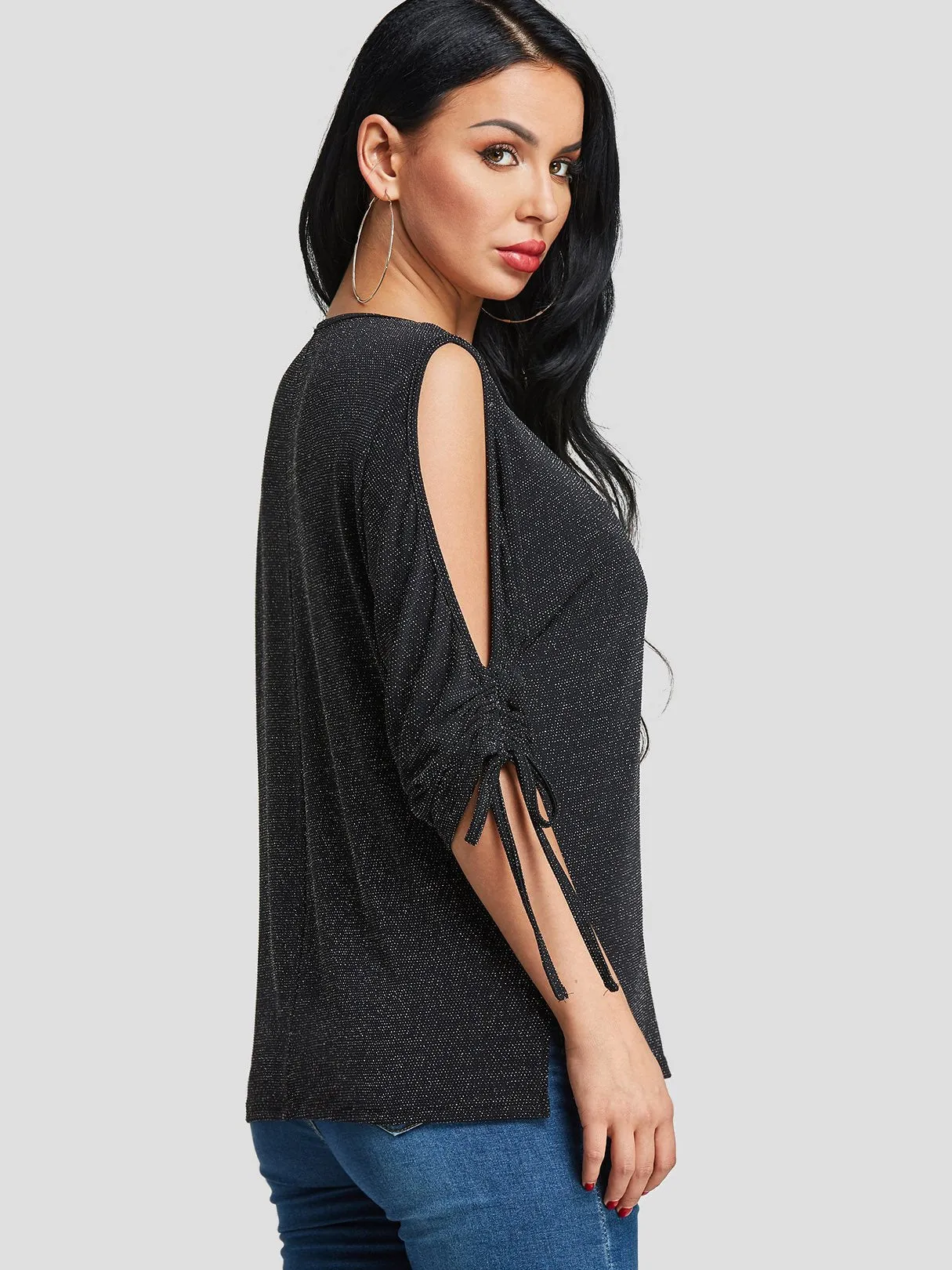 Custom V-Neck Cut Out 3/4 Sleeve Black T-Shirts